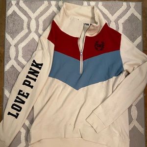 blue and red pink brand 1/4 zip sweatshirt